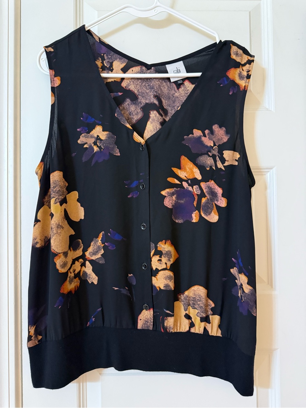 CAbi Black Sleeveless V-Neck Button Front Top with Gold & Purple Floral Print M